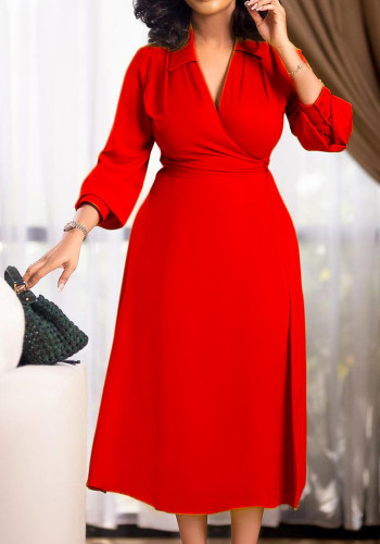 Women Spring Red Formal V-neck Three Quarter Sleeves Solid Midi A-line Office Dress