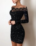 Mini vestido de fiesta de una línea de encaje con mangas completas y hombros descubiertos negro de primavera para mujer