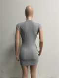 Mini vestido de club recto de punto sólido de manga corta con cuello en V sexy gris de verano para mujer