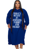 Mujer Primavera Azul Casual Con capucha Mangas completas Estampado de letras Midi Suelto Vestido con capucha de talla grande