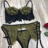 Women Green Romantic Lace Garter Sexy Bra Set