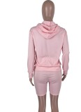 Conjunto de pantalones cortos de dos piezas para mujer, color rosa, informal, con capucha, mangas completas, color rosa