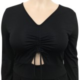 Vestido longo feminino primavera preto romântico com decote em v mangas inteiras fenda maxi plus size
