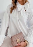 Blusa regular sólida de manga larga con lazo formal blanco de primavera para mujer