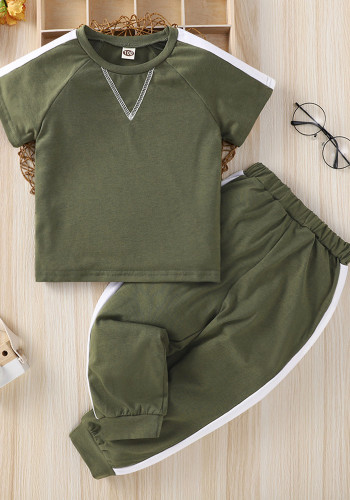 Kids Boy Summer Green Short Sleeve Shirt and Matching Pants Cotton Two Piece Set