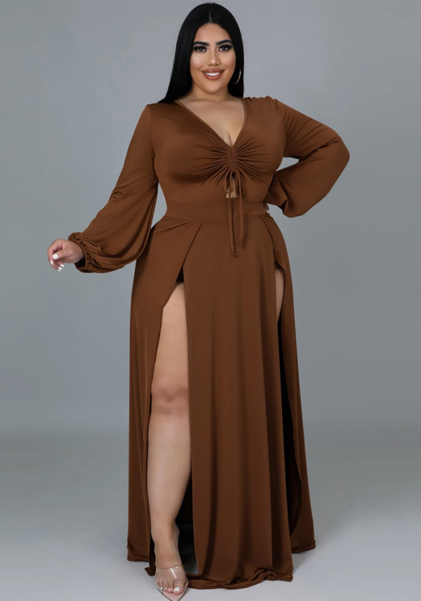 Vestido longo feminino verão marrom com decote em v mangas compridas sólida fenda maxi plus size