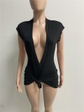Women Summer Black Sexy V-neck Short Sleeves Solid Knitted Mini Sheath Club Dress
