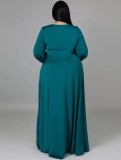 Women Spring Green Modest Hooded Full Sleeves Solid Plus Size Long Dress