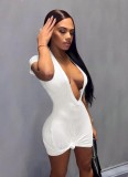 Frauen Sommer Weiß Sexy V-Ausschnitt mit kurzen Ärmeln Solide Strick Mini Etuikleid