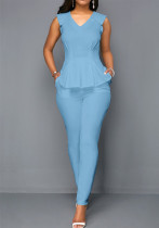 Conjunto de pantalones de dos piezas regulares sin mangas con cuello en V formal azul de verano para mujer