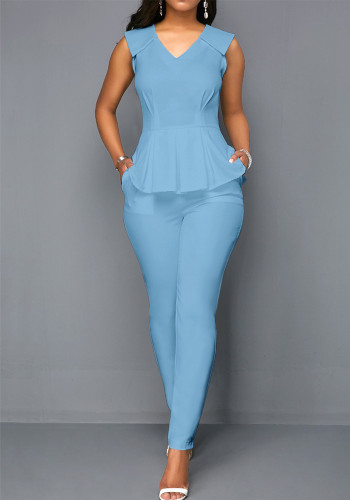 Women Summer Blue Formal V-neck Sleeveless Regular Two Piece Pants Set