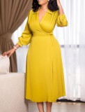 Vestido de oficina midi liso con mangas tres cuartos y cuello en V formal amarillo primavera para mujer