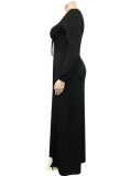 Women Spring Black Romantic V-neck Full Sleeves Solid Slit Maxi Plus Size Long Dress