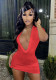 Women Summer Red Sweet V-neck Short Sleeves Solid Knitted Mini Sheath Club Dress