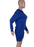 Conjunto de pantalones cortos de dos piezas regulares de manga larga con capucha informal azul de primavera para mujer