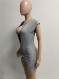 Frauen Sommer Grau Sexy V-Ausschnitt mit kurzen Ärmeln Solide gestricktes Mini Straight Club Dress