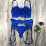 Conjunto de sujetador sexy con liga de encaje romántico azul para mujer