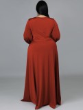Damen Frühlingsrot Modest V-Ausschnitt Volle Ärmel Schlitz Maxi Plus Size Langes Kleid