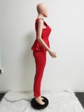 Frauen-Sommer-roter formeller V-Ausschnitt ärmelloses festes regelmäßiges zweiteiliges Hosen-Set