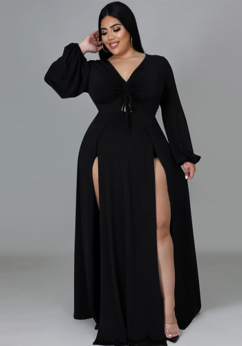 Women Spring Black Romantic V-neck Full Sleeves Solid Slit Maxi Plus Size Long Dress