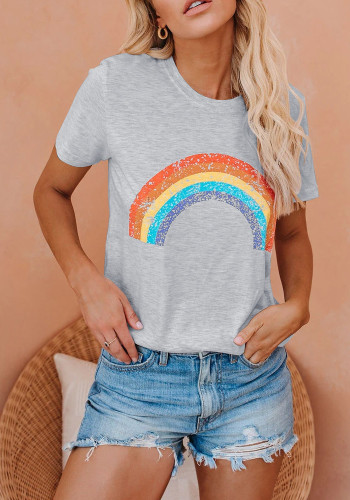 Women Summer Grey Cute O-Neck Short Sleeves Rainbow Regular T-Shirt