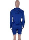 Conjunto de pantalones cortos de dos piezas regulares de manga larga con capucha informal azul de primavera para mujer