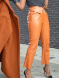 Frauen Frühling Orange Hohe Taille Reißverschluss Feste Knöchellange Regelmäßige Lederhose