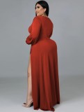 Vestido longo feminino primavera vermelho com decote em v mangas inteiras fenda maxi plus size