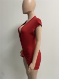 Vestido feminino verão vermelho doce decote em V mangas curtas de malha sólida mini bainha