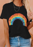 Camiseta regular de arcoíris de manga corta con cuello redondo en negro de verano para mujer
