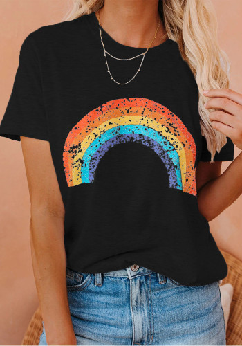 Women Summer Black Cute O-Neck Short Sleeves Rainbow Regular T-Shirt