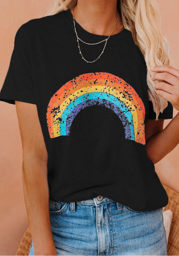 Frauen-Sommer-schwarzes niedliches O-Ansatz-Kurzarm-Regenbogen-regelmäßiges T-Shirt