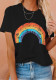 Women Summer Black Cute O-Neck Short Sleeves Rainbow Regular T-Shirt