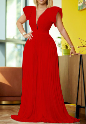 Women Summer Red Romantic V-neck Short Sleeves Solid Pleated A-line Evening Dress