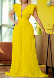 Women Summer Yellow Sweet V-neck Short Sleeves Solid Pleated A-line Evening Cocktail Jumpsuit