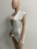 Frauen Sommer Weiß Sexy V-Ausschnitt mit kurzen Ärmeln Solide Strick Mini Etuikleid