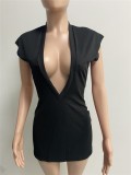 Frauen Sommer schwarz sexy V-Ausschnitt mit kurzen Ärmeln solide gestrickt Mini-Etui-Club-Kleid