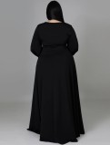 Vrouwen Lente Zwart Romantische V-hals Volledige Mouwen Solid Slit Maxi Plus Size Lange Jurk