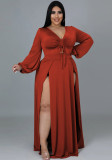 Women Spring Red Modest V-neck Full Sleeves Slit Maxi Plus Size Long Dress