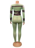 Conjunto de pantalones ajustados de dos piezas para mujer, color verde primavera, Sexy, cuello redondo, mangas completas, cintura alta, malla de bloqueo de Color
