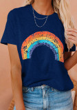Frauen-Sommer-blaues niedliches O-Ansatz-Kurzarm-Regenbogen-regelmäßiges T-Shirt