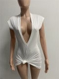 Women Summer White Sexy V-neck Short Sleeves Solid Knitted Mini Sheath Club Dress
