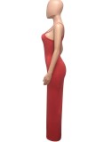 Vestido de verano para mujer, color rojo, con tirantes bonitos, sin mangas, liso, Midi, sin mangas