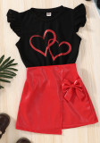 Zweiteiliges Set für Kinder, Mädchen, Sommer, schwarzes Herzhemd und roter Lederrock
