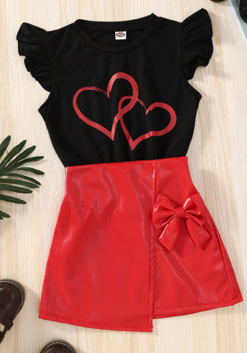 Kids Girl Summer Black Heart Shirt and Red Leather Skirt Two Piece Set