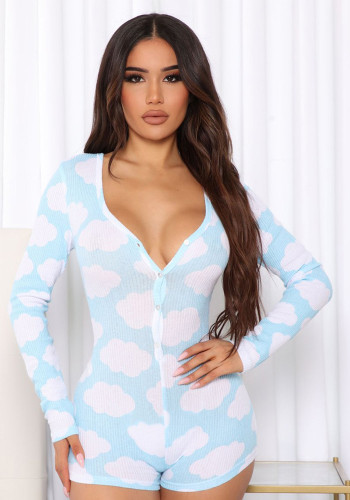 Women Spring Printed Casual V-neck Full Sleeves Button Skinny Rompers