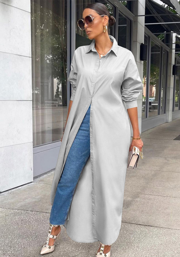 Women Spring Grey Modest Turn-down Collar Full Sleeves Solid X-Long Blouse