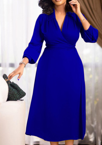 Vestido de oficina midi liso con mangas tres cuartos y cuello en V formal azul primavera para mujer