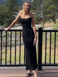 Women Summer Black Romantic Straps Sleeveless Solid Slim Maxi Dress