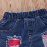 Conjunto de dos piezas de top sin mangas con estampado y pantalones cortos de mezclilla para niñas de verano